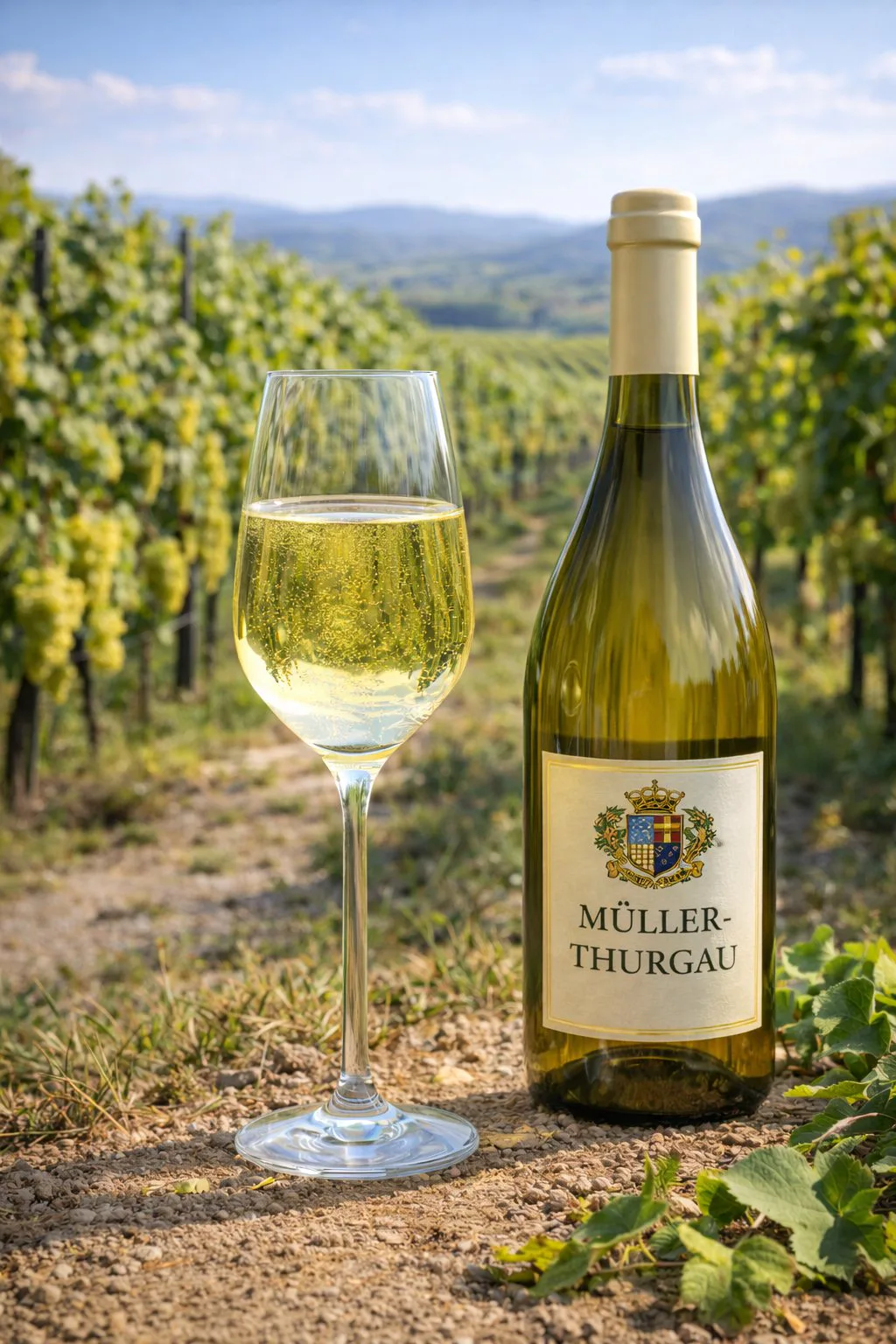 Copa de vino blanco Müller-Thurgau de color amarillo pálido