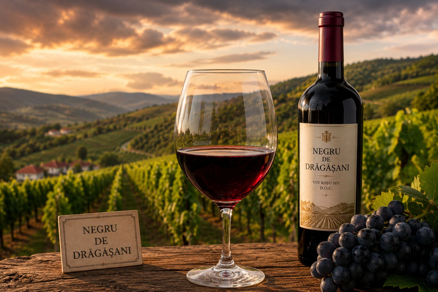 Copa de vino tinto Negru de Drăgășani en un paisaje de Oltenia
