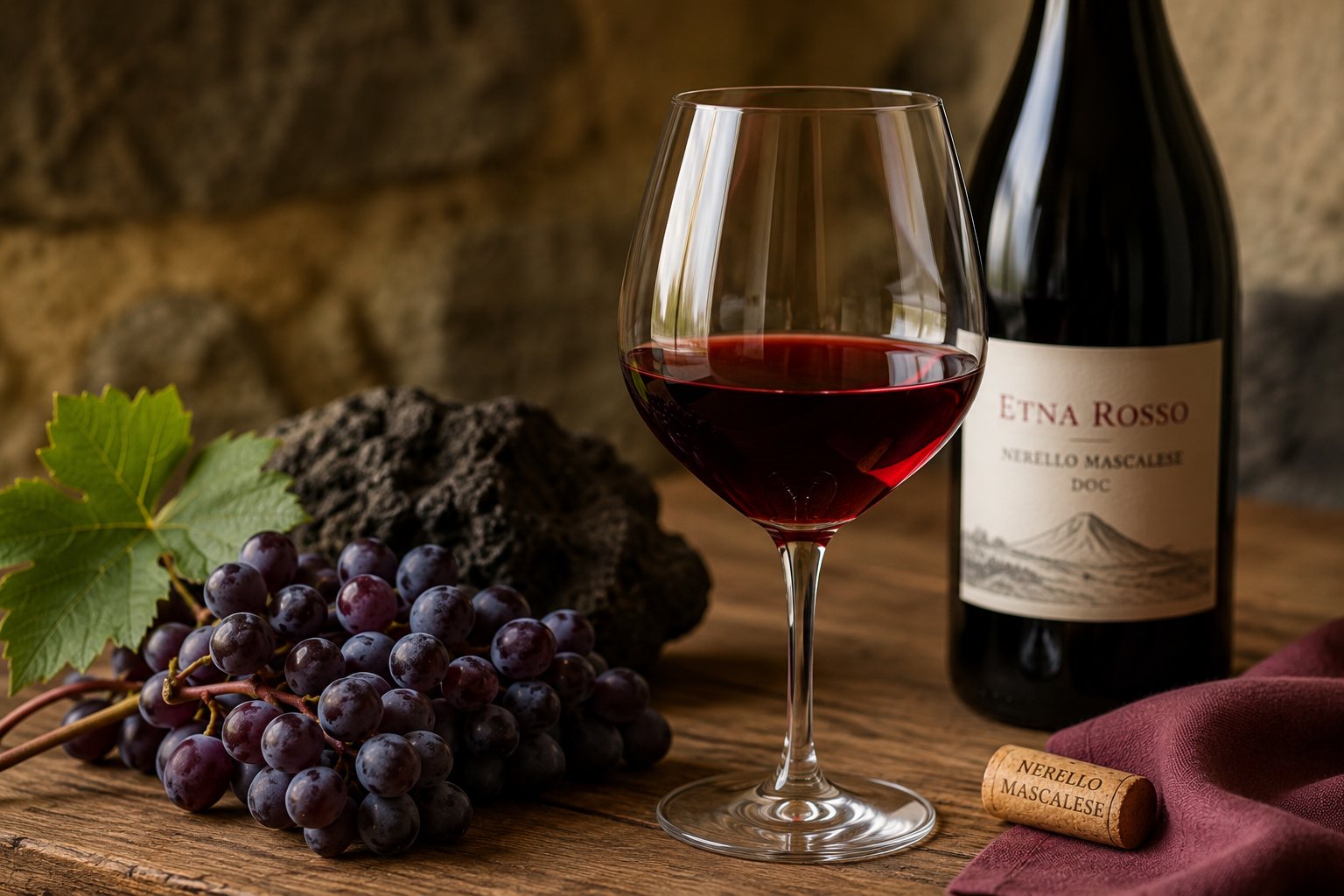 Copa de vino tinto Nerello Mascalese con una botella y paisaje volcánico del Etna