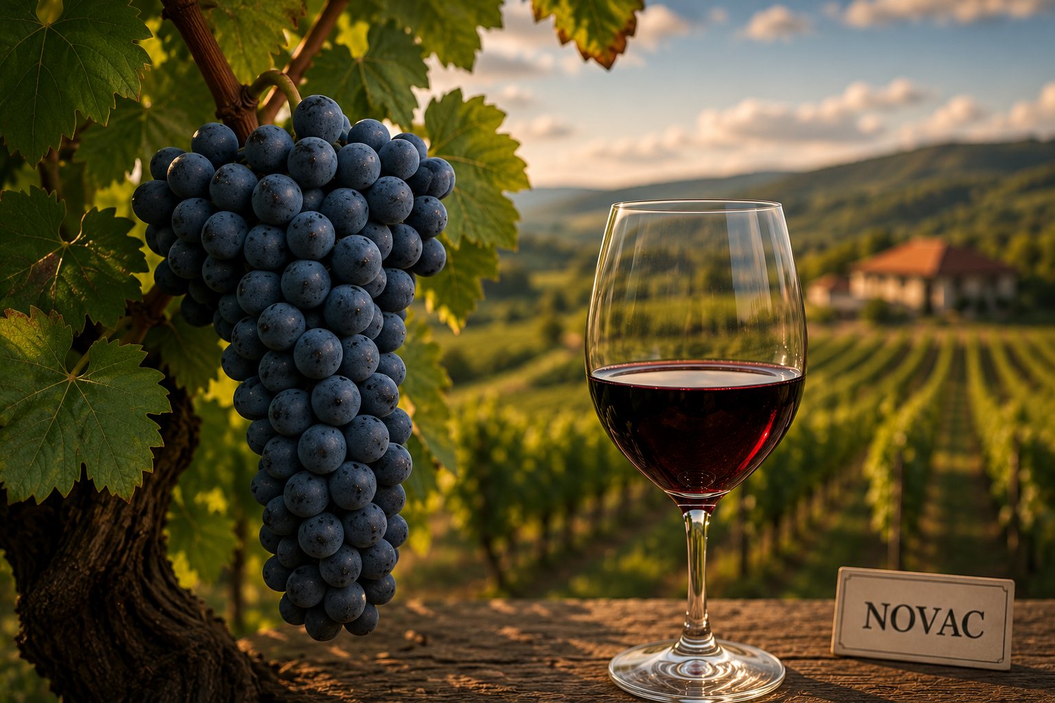Copa de vino tinto Novac en un paisaje de Drăgășani