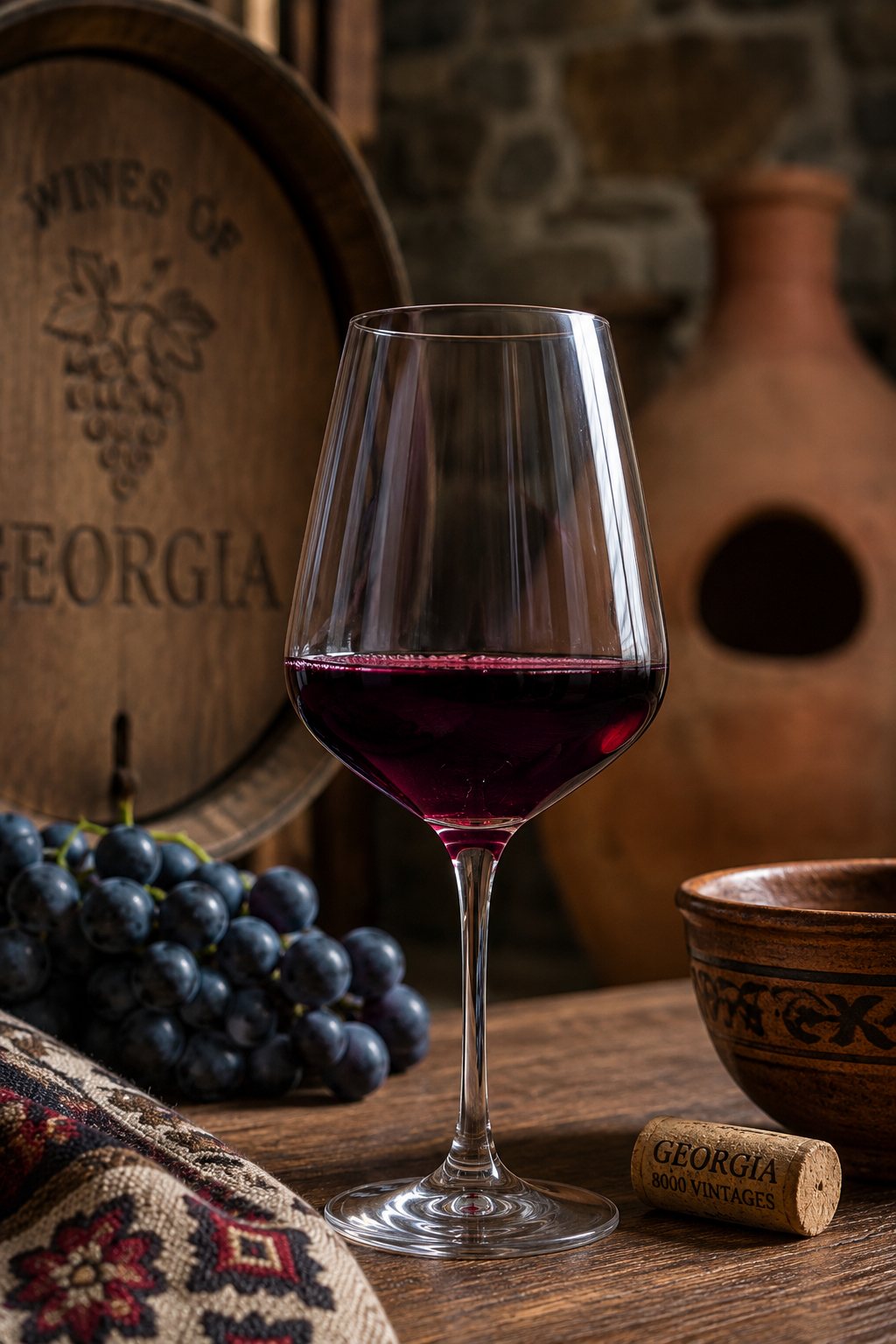 Copa de vino tinto Otskhanuri Sapere en un paisaje de Imereti