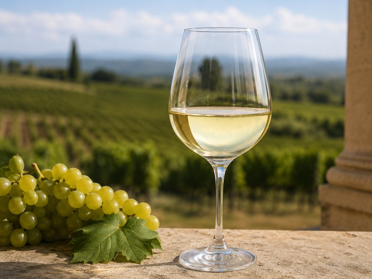 Copa de vino blanco elaborado con uva Pinot Blanc