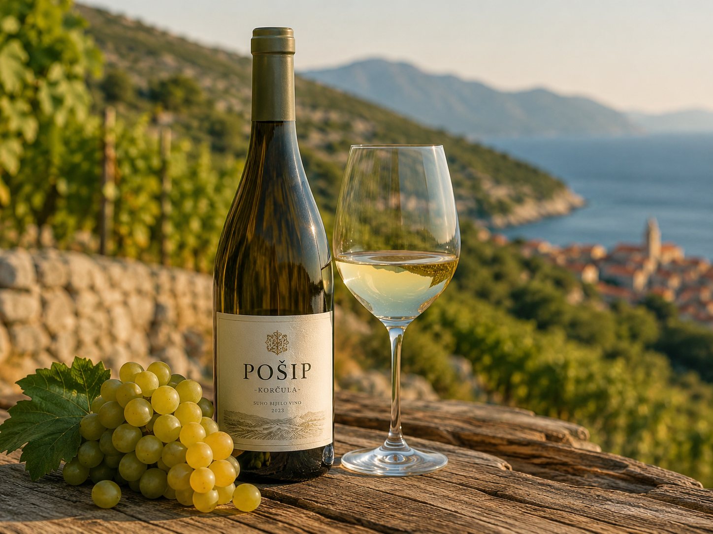 Botella y copa de vino blanco Pošip con paisaje mediterráneo de Korčula