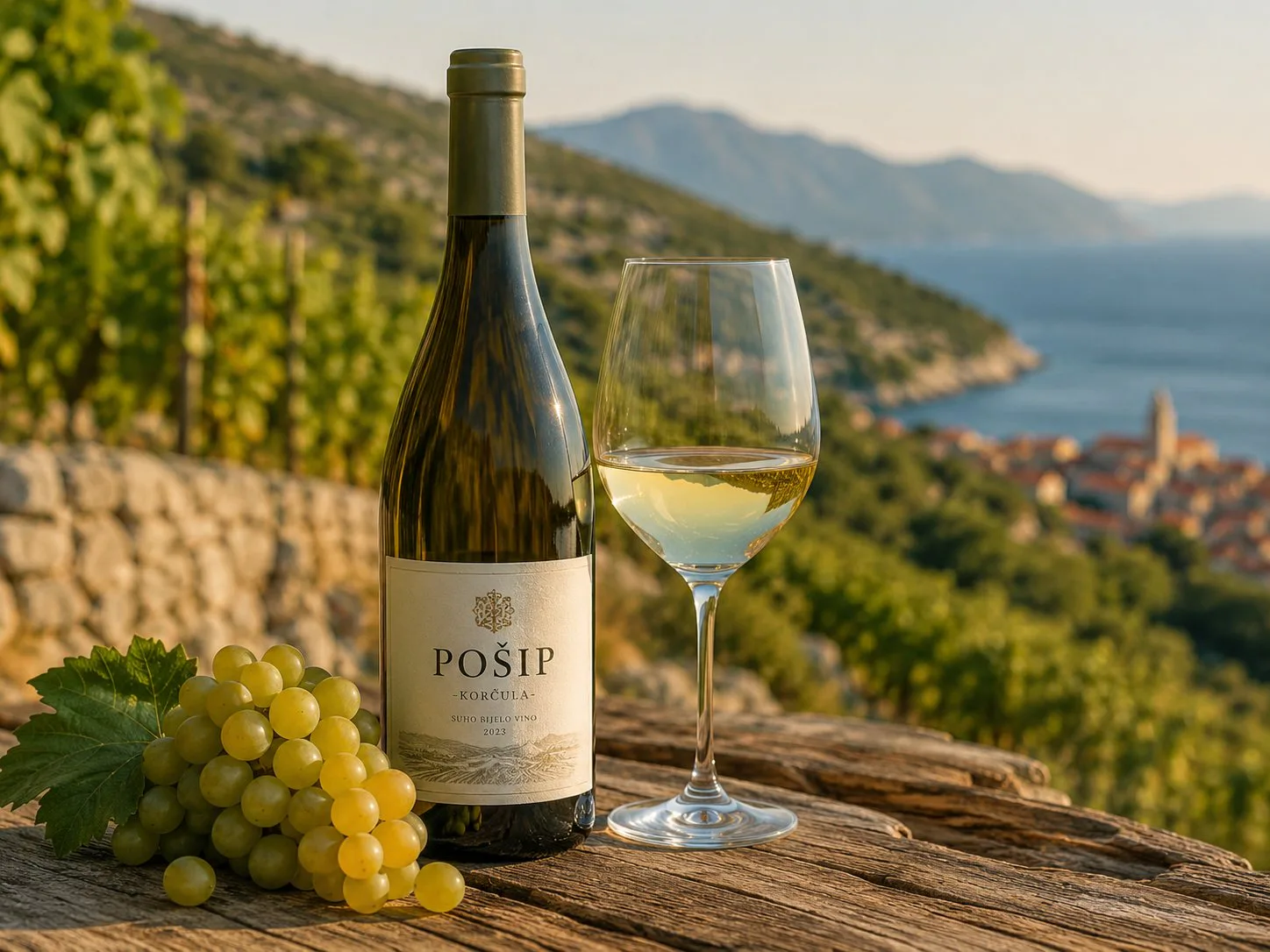 Botella y copa de vino blanco Pošip con paisaje mediterráneo de Korčula