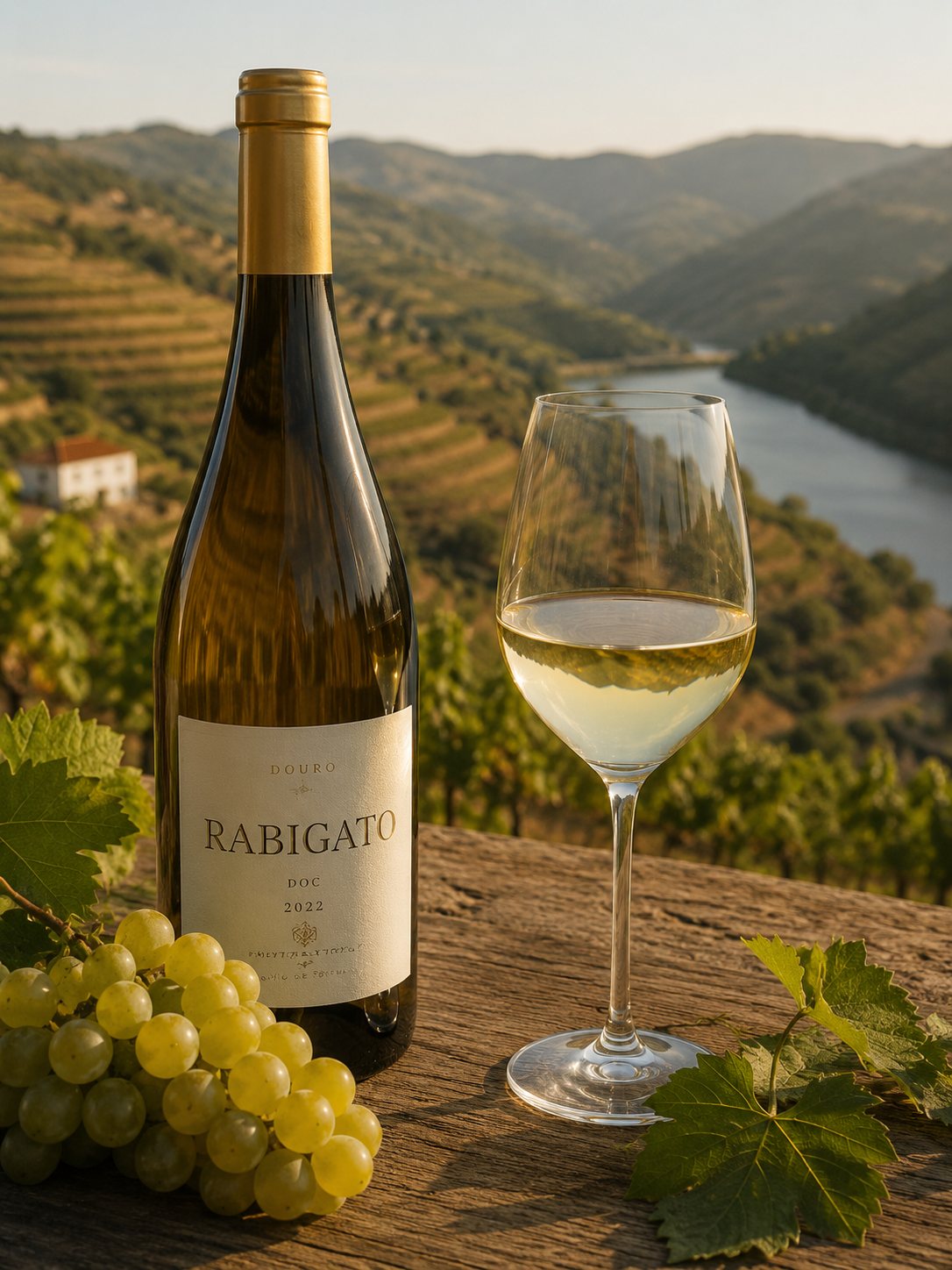 Copa de vino blanco Rabigato servida frente a un paisaje del Douro