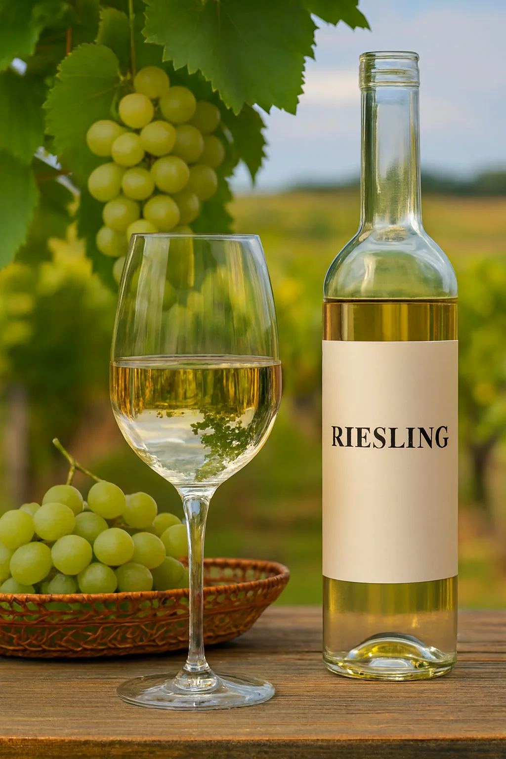 Vino Riesling servido en copa con reflejos verdosos