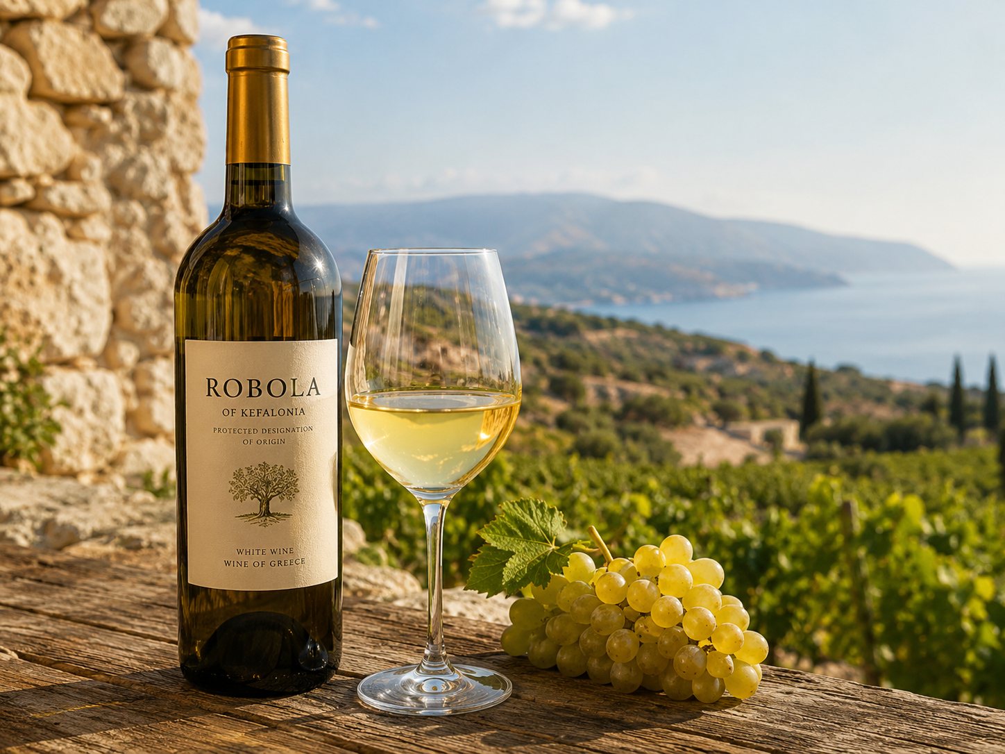 Botella y copa de vino blanco Robola con paisaje de Cefalonia