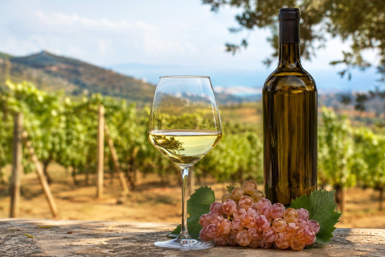 Copa de vino blanco elaborado con uva Roditis