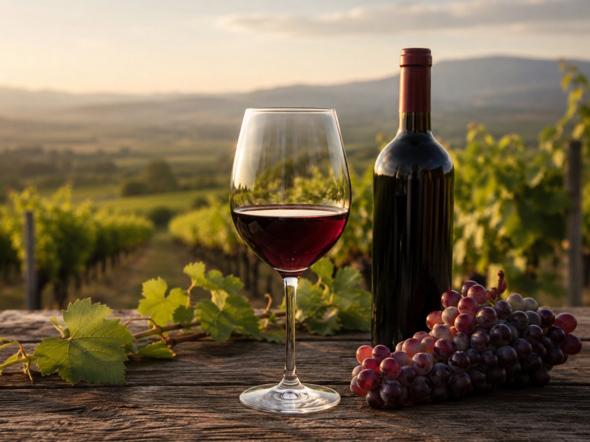 Copa de vino tinto Shavkapito en un paisaje de Kartli