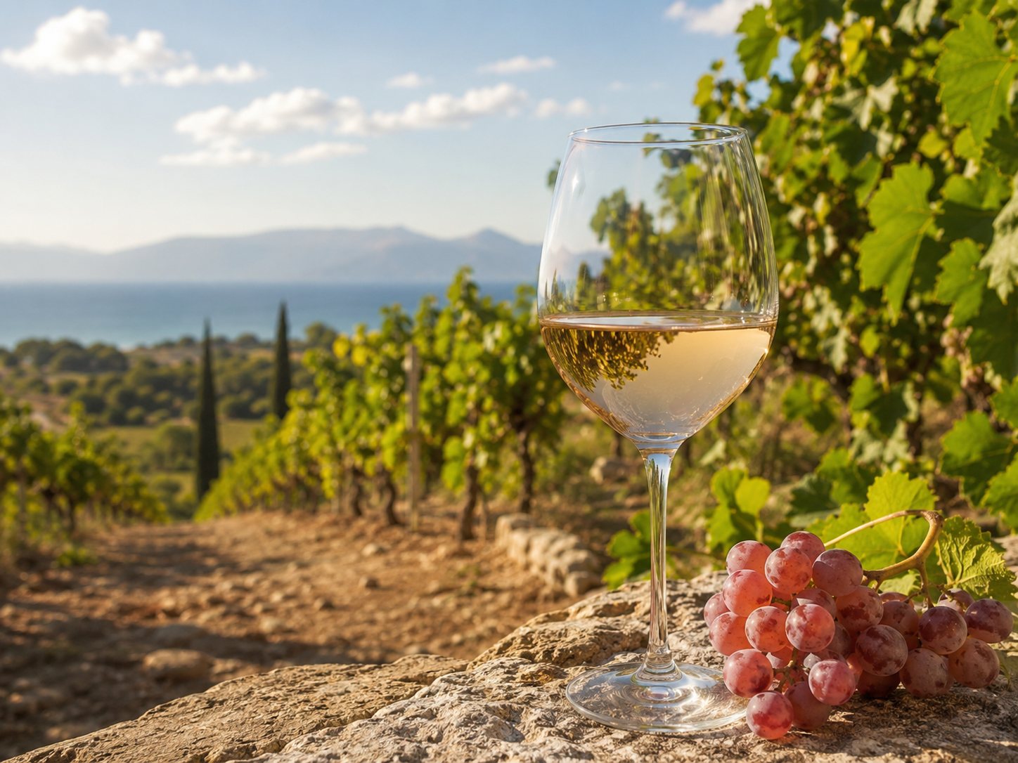 Copa de vino blanco elaborado con uva Sideritis