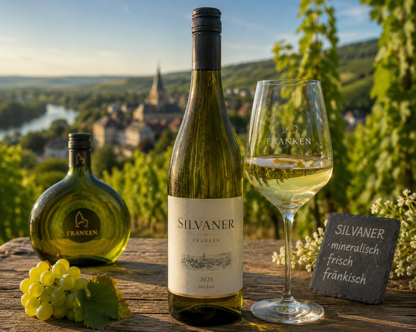 Copa de vino blanco Silvaner servida junto a una botella