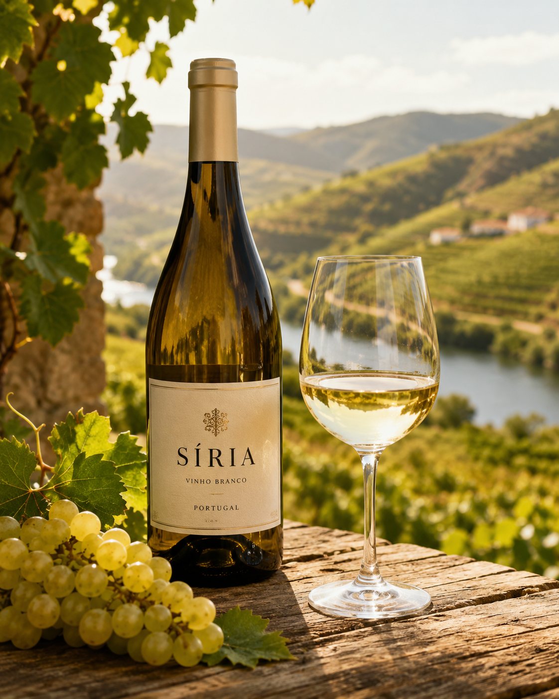 Copa de vino blanco elaborado con uva Síria o Roupeiro