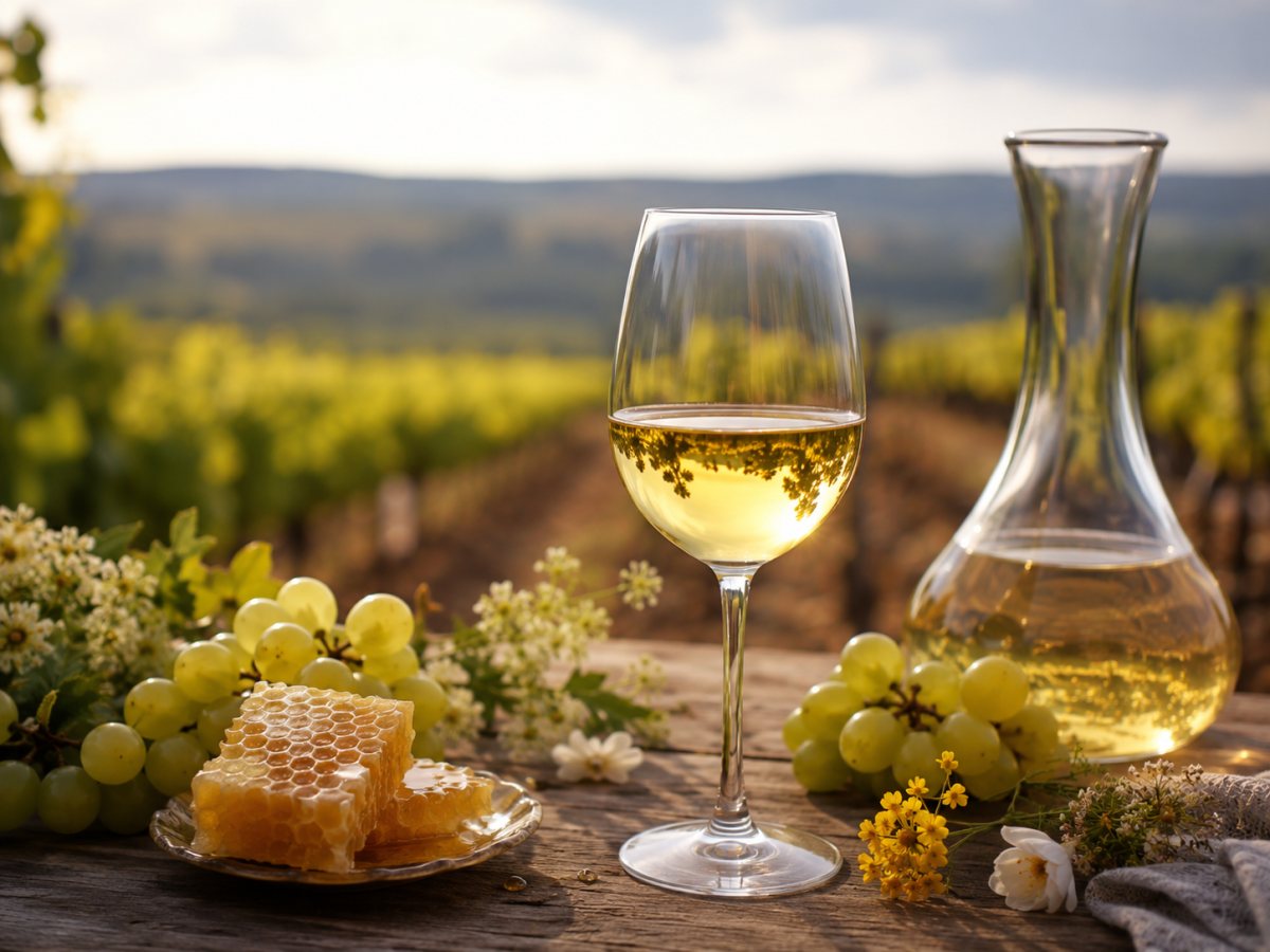 Copa de vino blanco aromático Tămâioasă Românească en un paisaje rumano