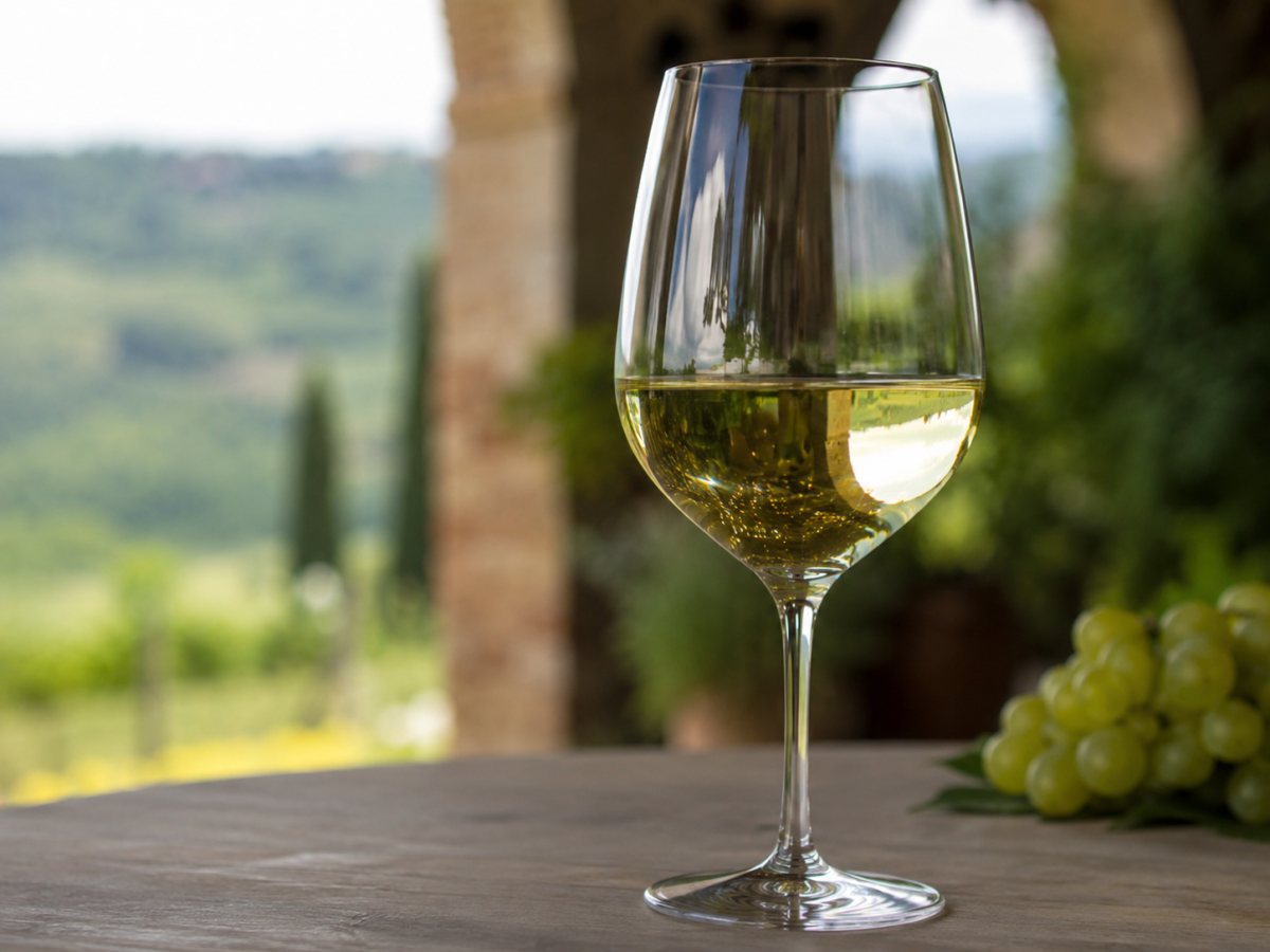 Copa de vino blanco elaborado con Trebbiano Toscano