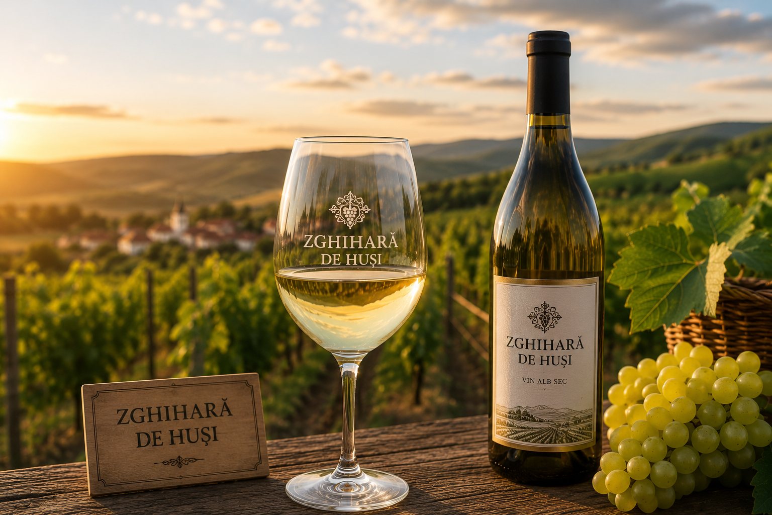 Copa de vino blanco Zghihară de Huși en un paisaje de la Moldavia rumana