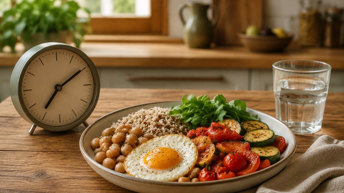Reloj y comidas completas que representan distintos horarios de alimentación