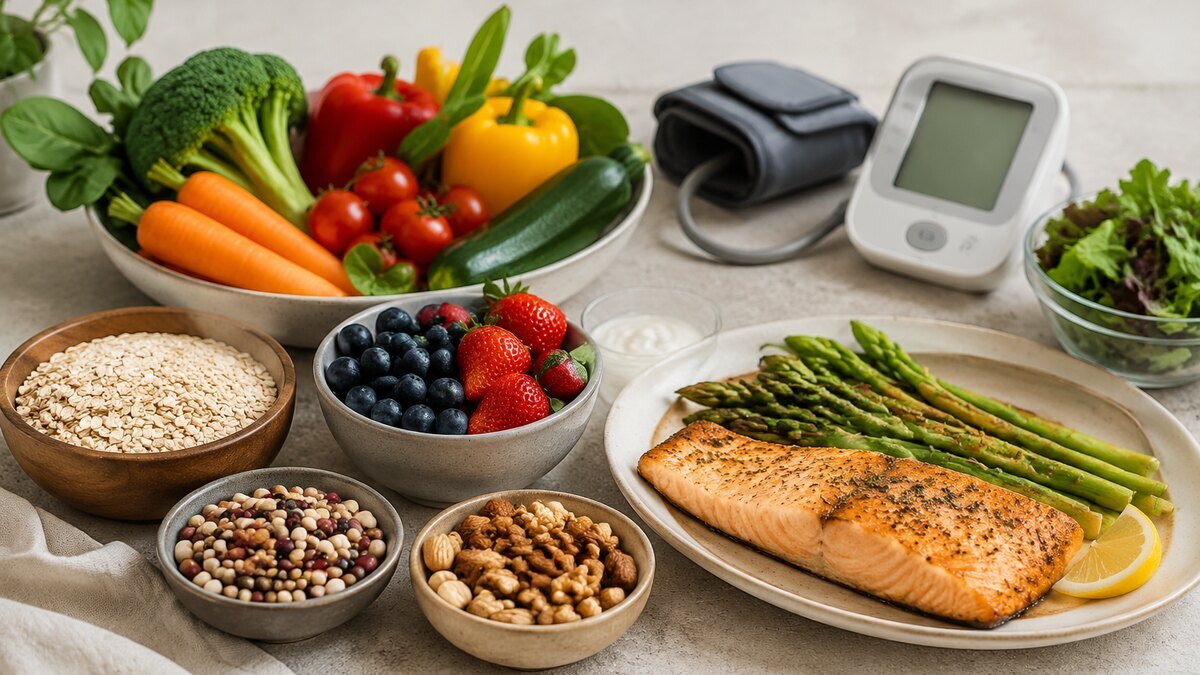 Alimentos vegetales, cereales, legumbres y lácteos que representan el patrón DASH