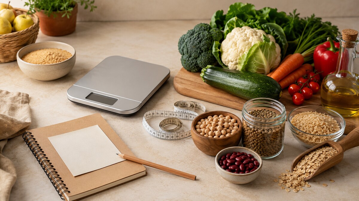 Cuaderno, cinta métrica y alimentos utilizados para interpretar datos de alimentación