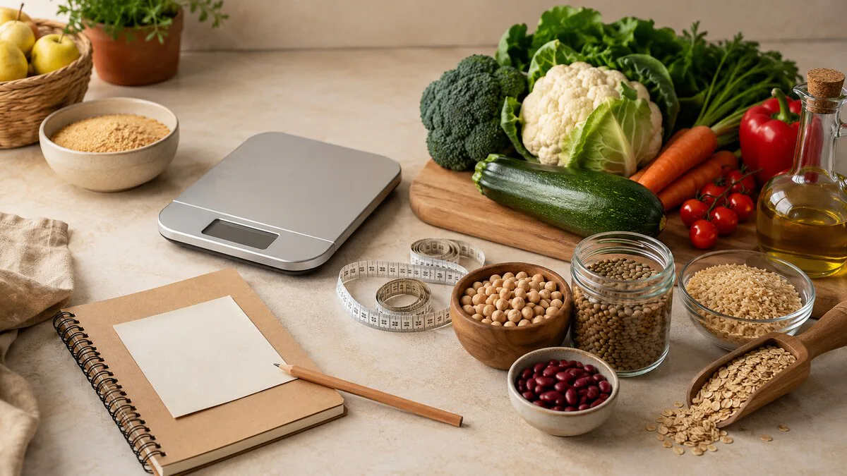 Cuaderno, cinta métrica y alimentos utilizados para interpretar datos de alimentación
