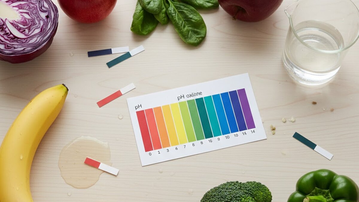 Escala de pH junto a alimentos y una representación diferenciada de sangre y orina