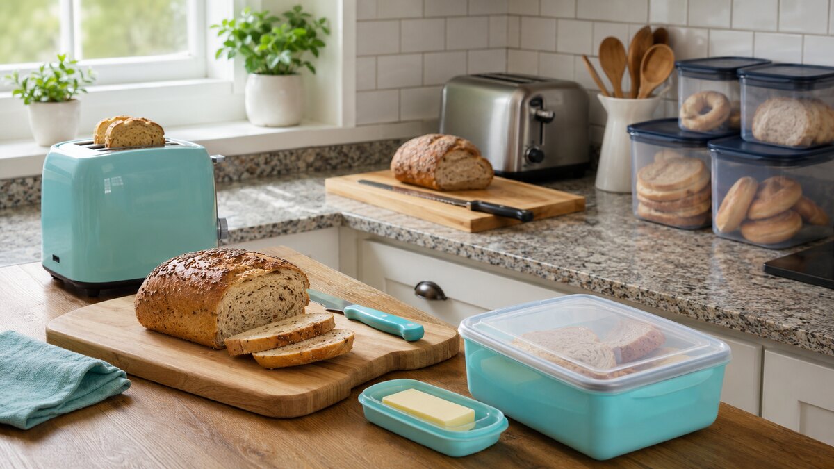 Cocina compartida organizada con alimentos cerrados y utensilios de contacto separados