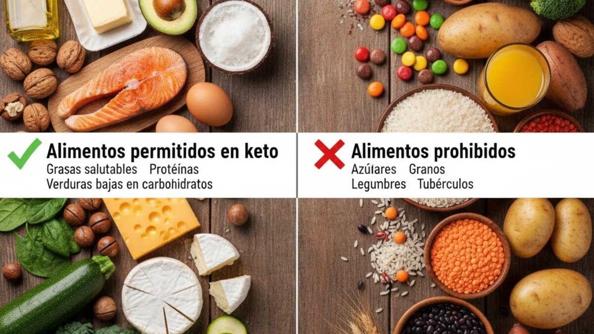 Alimentos de una dieta cetogénica acompañados de hortalizas, aceite de oliva, pescado y semillas
