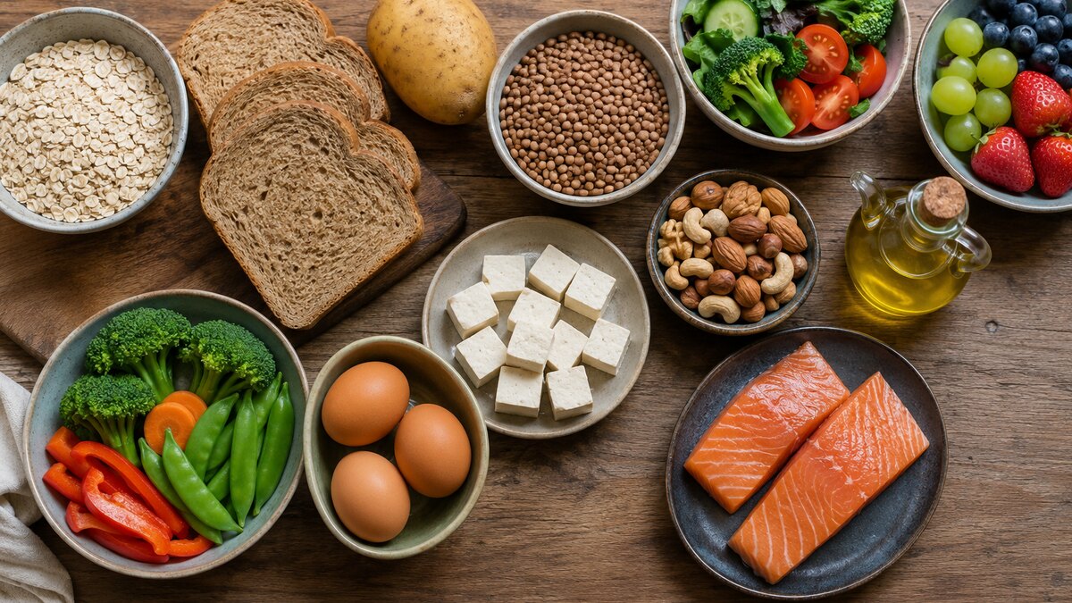 Fuentes variadas de carbohidratos, grasas y proteínas organizadas sobre una mesa