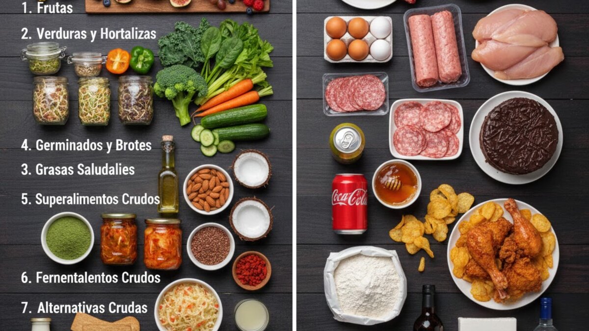 Selección de frutas, verduras, semillas, germinados y frutos secos crudos