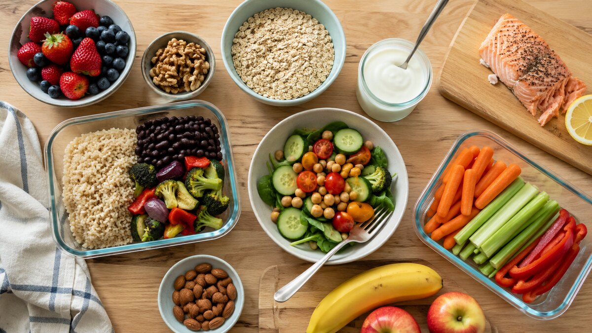 Plato DASH con verduras, legumbres, cereal integral y una fuente proteica