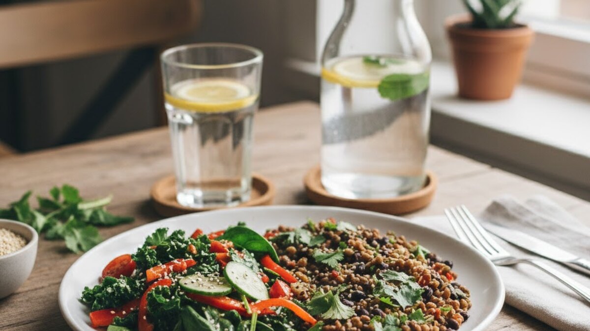 Plato completo con verduras, legumbres, cereal y agua como alternativa a una limpieza líquida