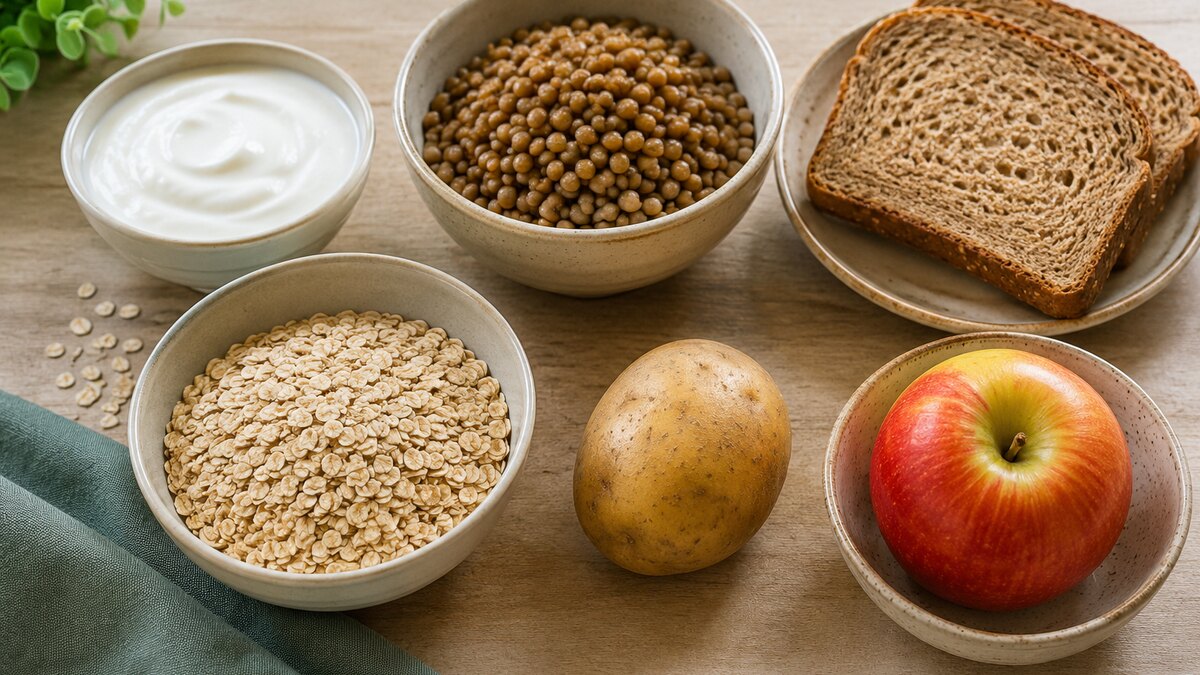 Alimentos con carbohidratos agrupados por cereales, legumbres, fruta y lácteos