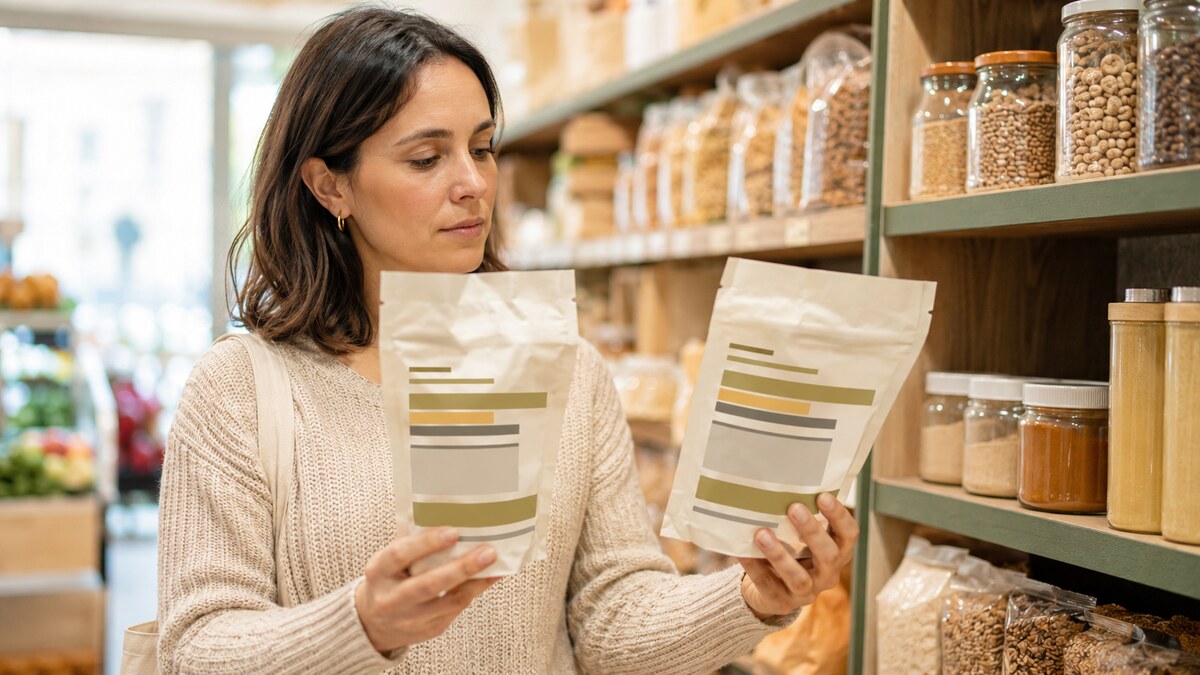 Comparación razonada de dos productos semejantes con etiquetas e ingredientes visibles