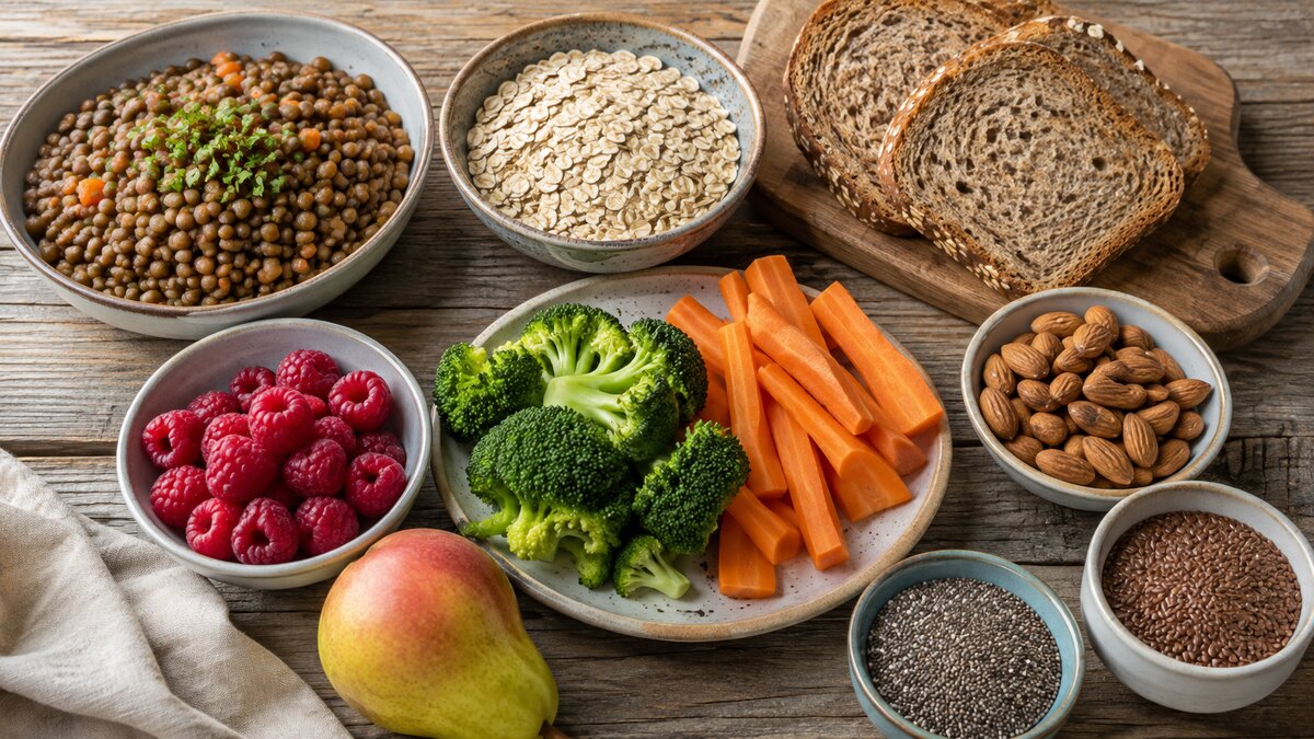 Legumbres, avena, frutas, verduras, semillas y frutos secos como fuentes variadas de fibra