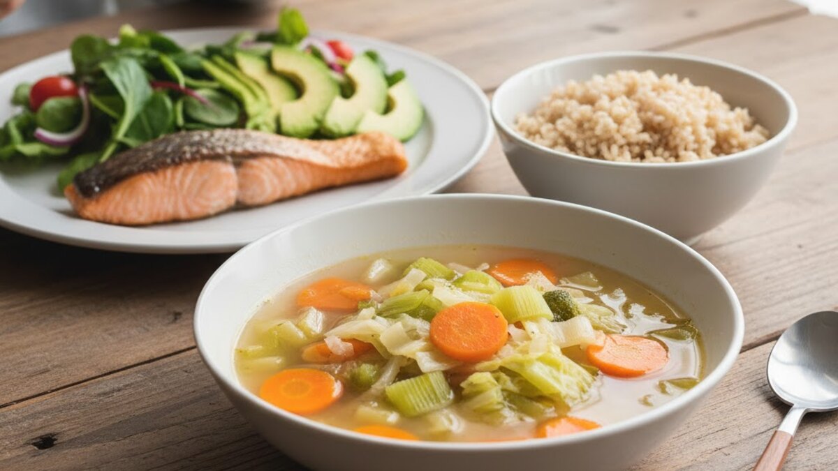 Plato completo con legumbres, verduras y cereal integral acompañado de fruta