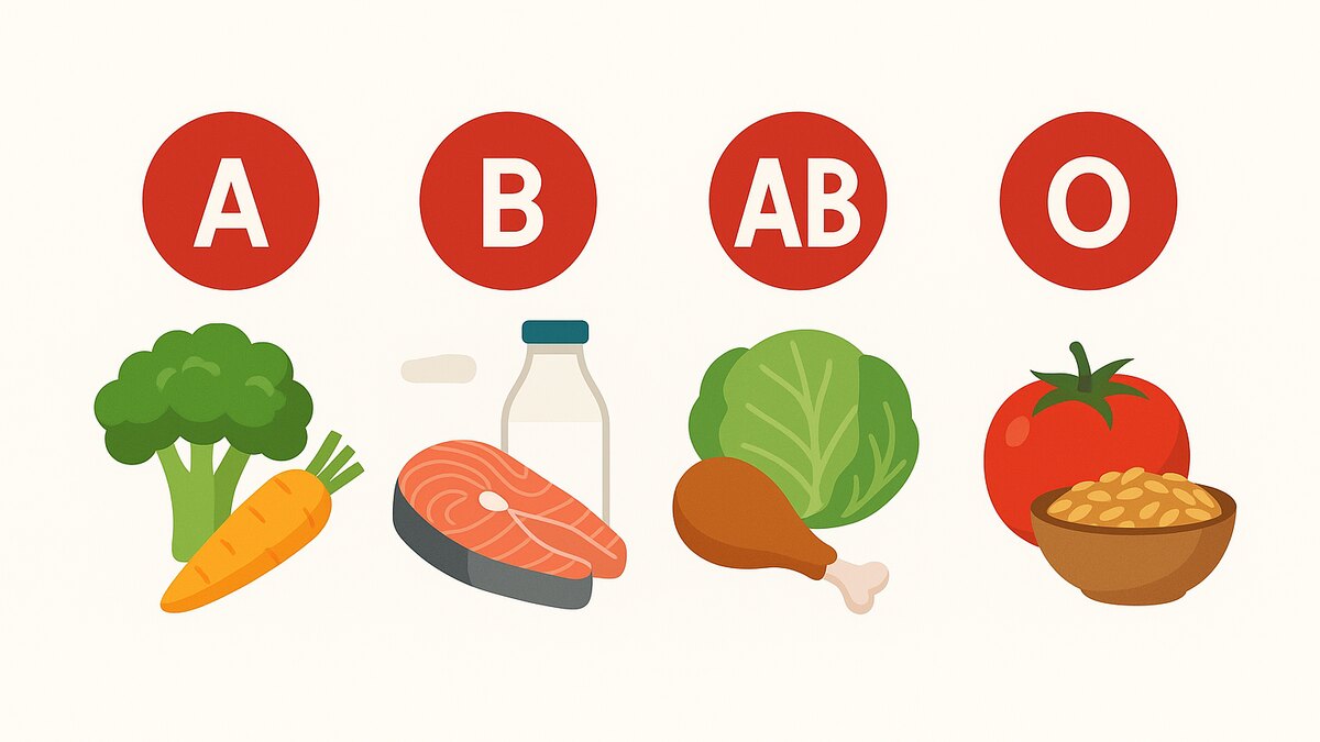 Esquema de grupos sanguíneos junto a distintos grupos de alimentos
