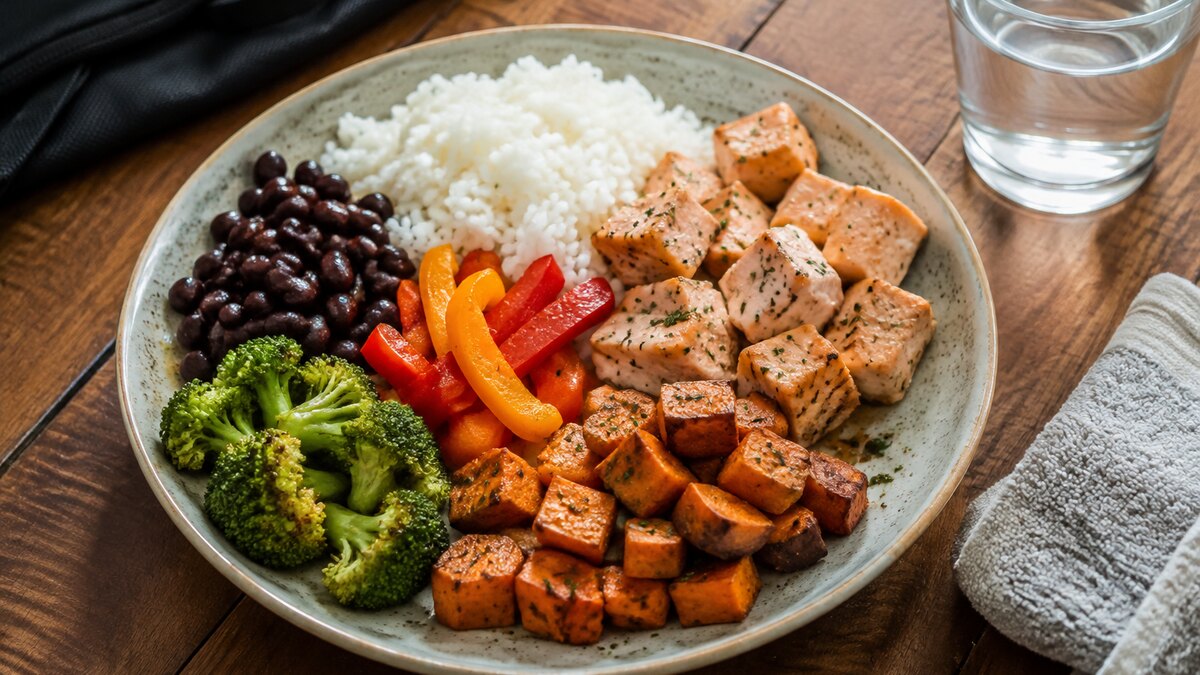 Comida de recuperación con cereal, verduras y una fuente variada de proteína