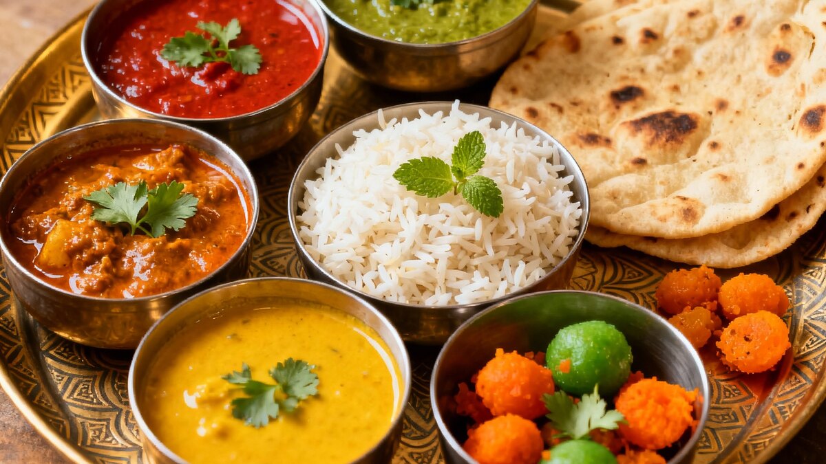 Thali diverso con cereal, dal, verduras, yogur y pequeños acompañamientos