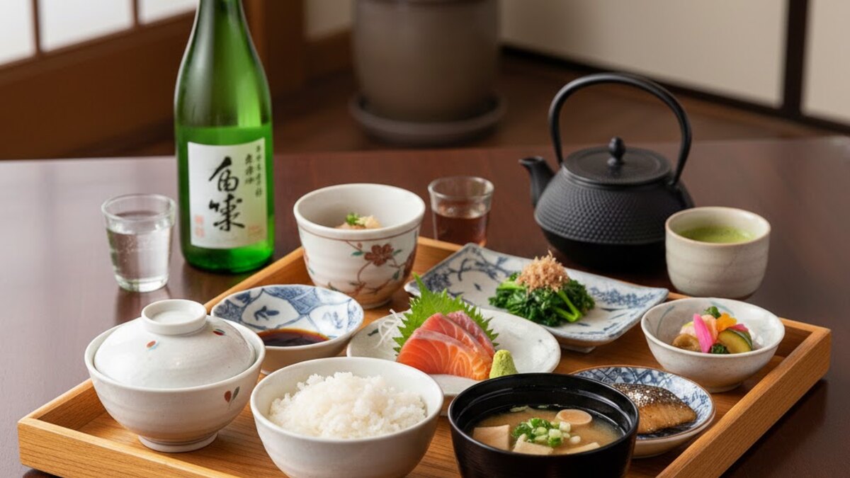 Varios platos japoneses domésticos con arroz, sopa, tofu, pescado y verduras