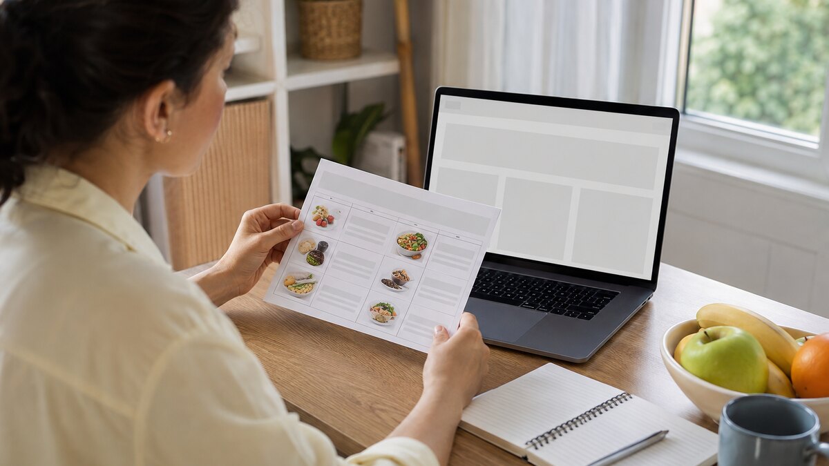 Persona verificando una dieta en una fuente institucional y comparando la URL