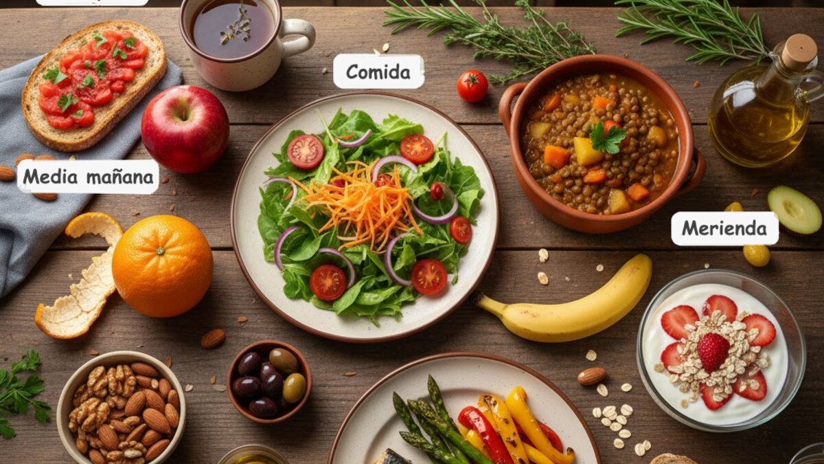 Mesa con platos mediterráneos cotidianos de legumbres, verduras, cereal, pescado y fruta