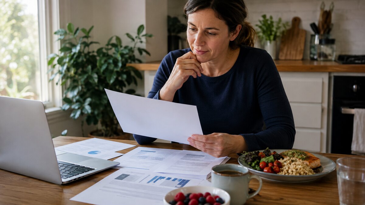 Persona comparando una promesa dietética con fuentes, etiquetas y un plan de salud