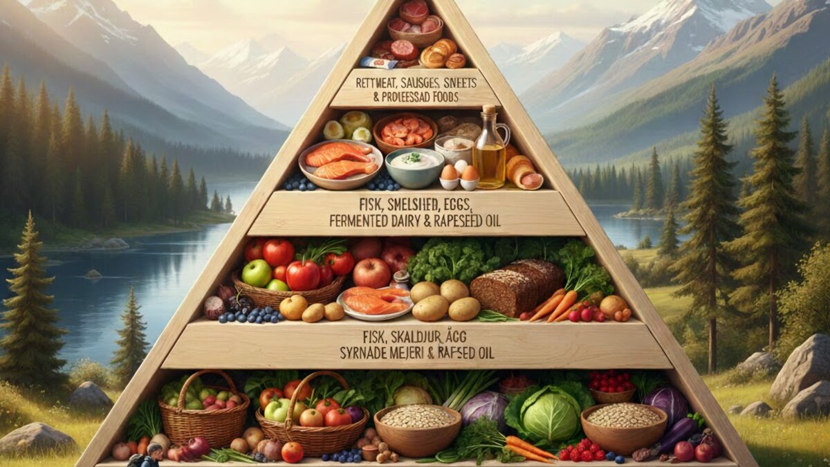 Estructura del patrón nórdico con cereales integrales, raíces, coles, frutas, legumbres y pescado