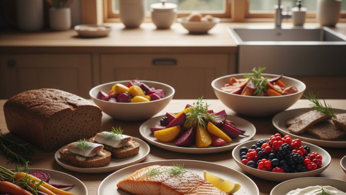 Platos nórdicos cotidianos con avena, centeno, raíces, legumbres, pescado y fruta
