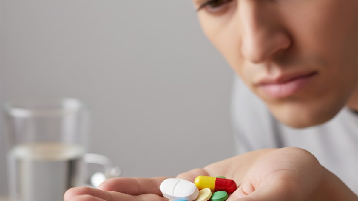 Persona comparando un complemento con medicación y consultando a farmacia