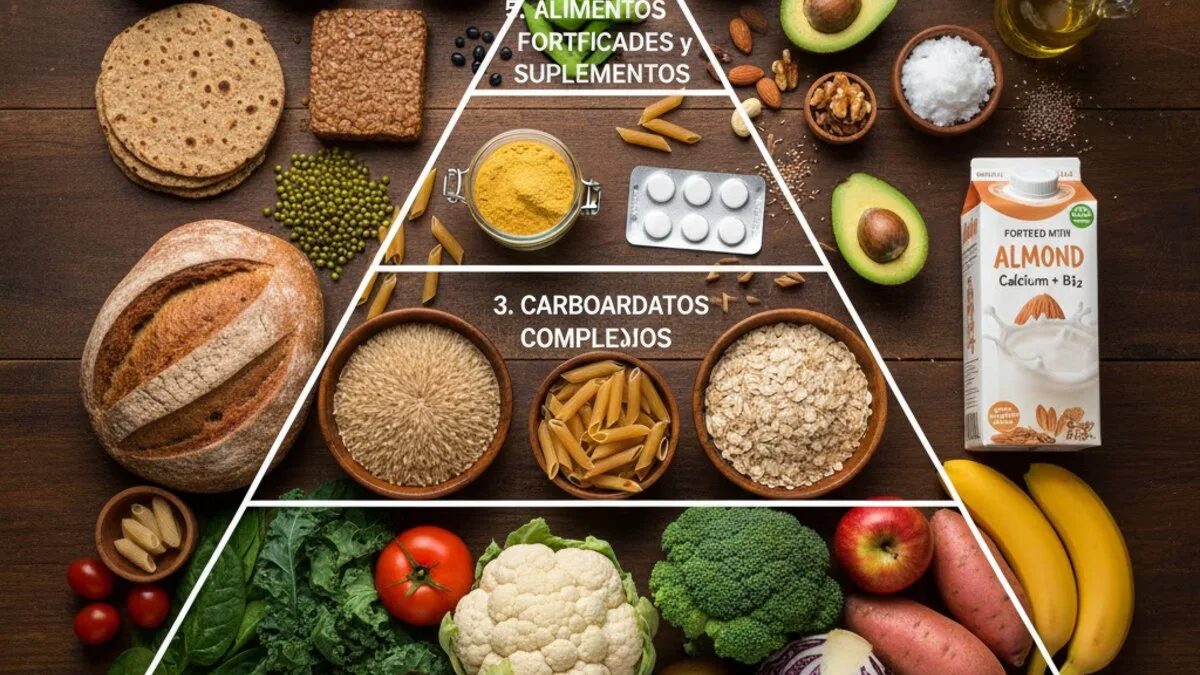 Base alimentaria vegana con legumbres, tofu, cereales, verduras, fruta, frutos secos y fortificados
