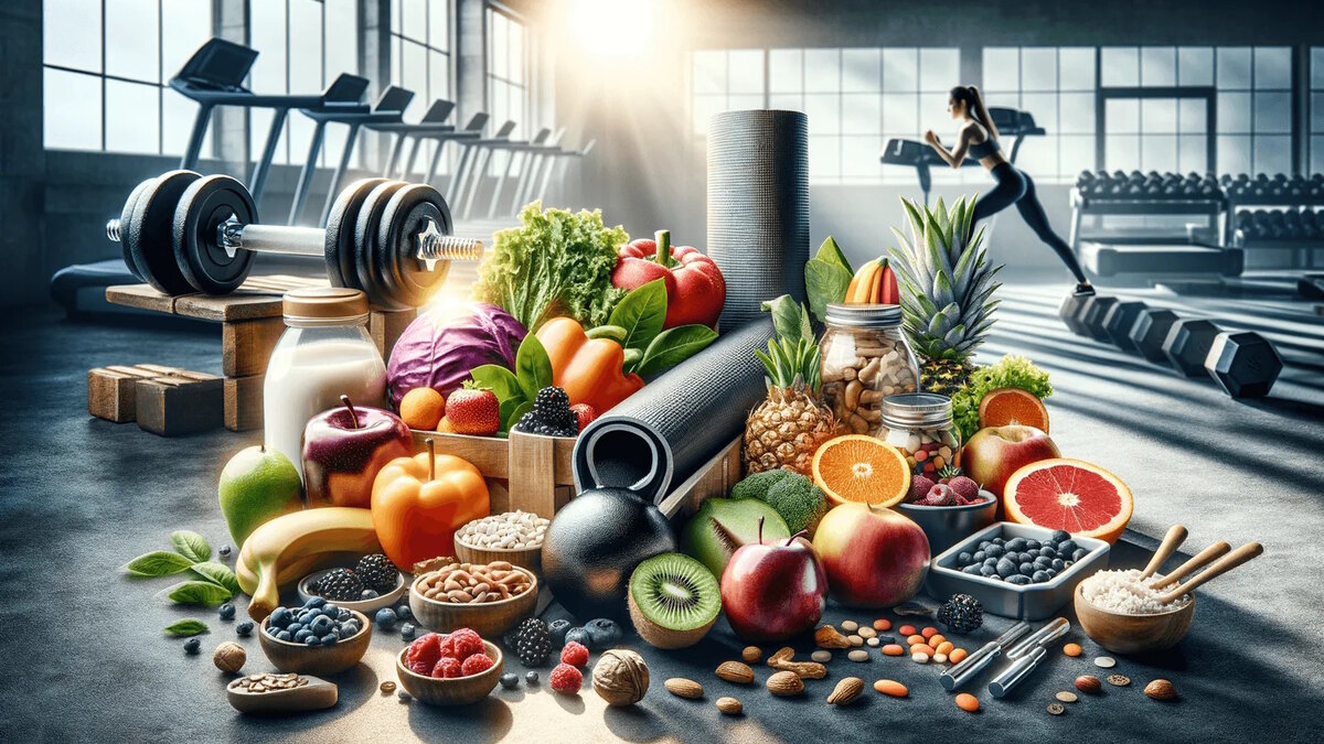 Comida vegana energética con pasta, tofu, verduras, aceite y fruta junto a material deportivo