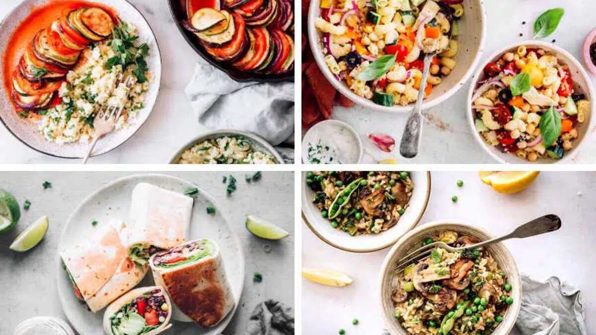 Recuperación vegana con bebida de soja, fruta, cereal, tofu y una comida completa