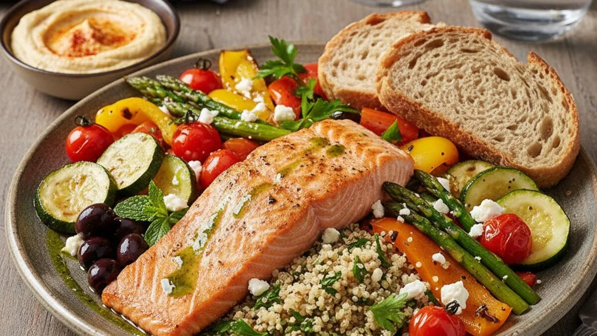Legumbres, verduras, fruta, pan, pescado y aceite de oliva en una mesa mediterránea