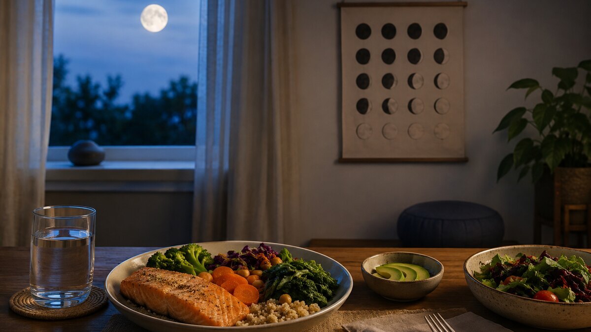 Calendario lunar y espacio de meditación junto a una comida normal