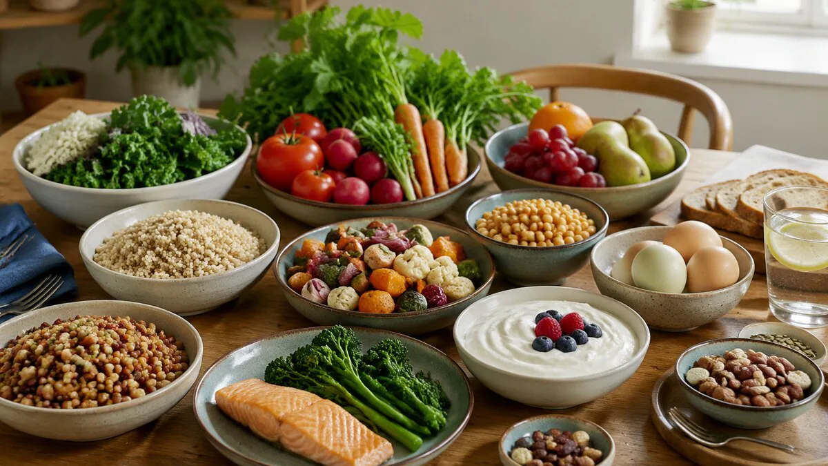 Alimentos vegetales y animales distribuidos en una alimentación omnívora variada